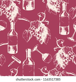 Vector hand drawn seamless wine background with grape, bottle of wine, glass and corkscrew on red. Ink drawn illustration for print, wrapping, paper, menu, wine card and other food design.