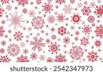 Vector hand drawn seamless winter pattern with monochrome red snowflakes and stars on a transparent background