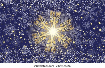 Vector hand drawn seamless winter pattern with glitter golden Christmas star, snowflakes and stars on dark blue background