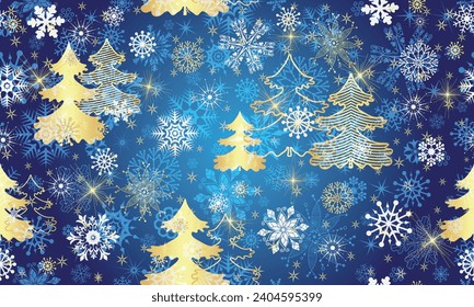 Vector hand drawn seamless winter pattern with glitter golden snowflakes and trees and stars on blue background