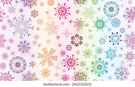 Vector hand drawn seamless winter pattern with colorful snowflakes and stars on a white background