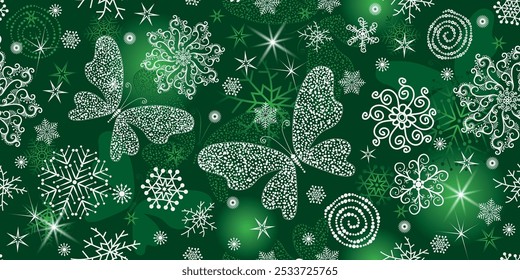 Vector hand drawn seamless winter pattern with white snowflakes and stars  and butterflies on dark green background	

