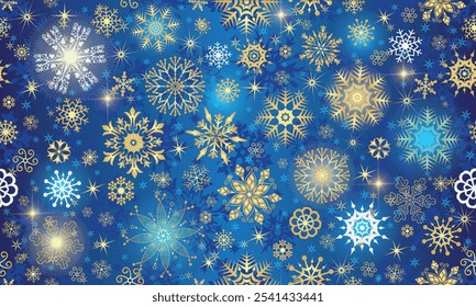 Padrão de inverno sem costura desenhado à mão vetor com flocos de neve dourados brilhante e estrelas no fundo de gradiente listrado azul escuro