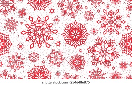 Vector hand drawn seamless winter pattern with monochrome red snowflakes and stars on transparent background