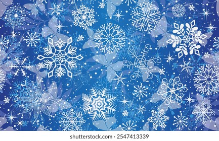Vector hand drawn seamless winter pattern with snowflakes and leaves  and butterflies on a dark blue gradient background
