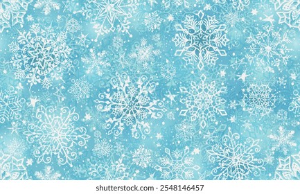 Vektorhandgezeichnetes nahtloses Wintermuster mit weißen Doodle-Schneeflocken und Sternen auf blauem Hintergrund	
