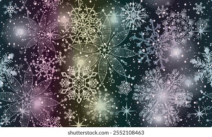Vektorhandgezeichnetes nahtloses buntes Wintermuster mit Farbverlauf-Schneeflocken und Sternen auf dunklem Hintergrund