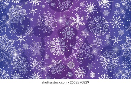 Vector hand drawn seamless winter pattern with white snowflakes and stars and toys on a violet gradient background