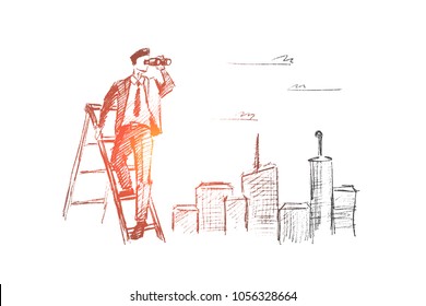 Vector hand drawn searching concept sketch. Businessman standing on stepladder and looking through binoculars with big city at background.