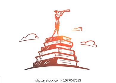 Vector hand drawn searching concept sketch with woman standing at top of stack of books and looking through spyglass