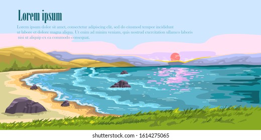 Vector hand drawn seascape. Marine background with sand beach, rocks, surf, bay, sunset. Horizontal landscape with copy space for banners, landing pages, advertisements.