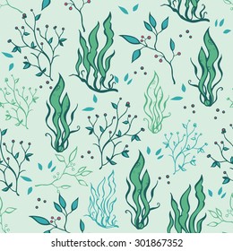 Vector Hand Drawn Seaweed Plants Ocean Life Seamless Pattern