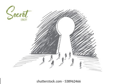 Vector hand drawn secret concept sketch with business people going towards huge keyhole and lettering