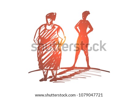 Vector hand drawn self respect concept sketch with fat woman standing and shadow of slim lady behind