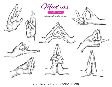 Vector hand drawn set of 9 mudras. Isolated on white. Yoga. Spirituality