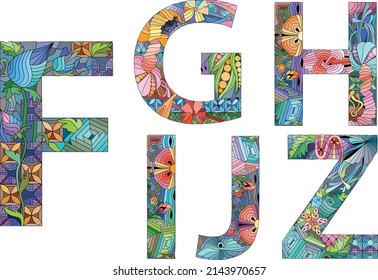 Vector dibujado a mano conjunto de alfabeto de F - J al estilo Zentangle