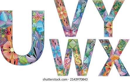 Vector of hand drawn set of Alphabet from U - Y in Zentangle style