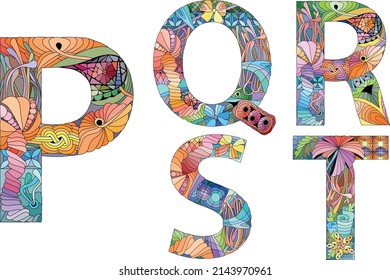 Vector of hand drawn set of Alphabet from P - T in Zentangle style