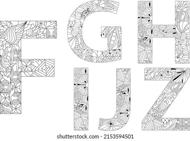 Vector hand drawn set Alphabet from F    J in Zentangle style for coloring pages