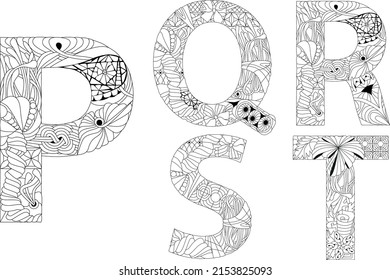 Vector of hand drawn set of Alphabet from P - T in Zentangle style for coloring pages