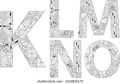 Vector of hand drawn set of Alphabet from K - O in Zentangle style for coloring pages
