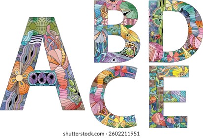 Vector of hand drawn set of Alphabet from A - E in Zentangle style