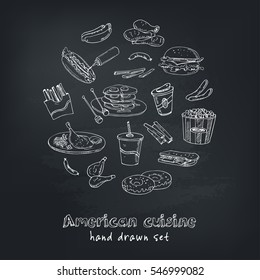 Vector hand drawn set of american cuisine hot dog, hamburger and cheeseburger, sandwich, steak, sausage, ketchup. Vintage illustration for design menus, recipes and packages product.