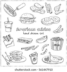 Vector hand drawn set of american cuisine hot dog, hamburger and cheeseburger, sandwich, steak, sausage, ketchup. Vintage illustration for design menus, recipes and packages product.