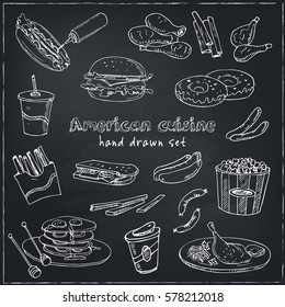 Vector hand drawn set of american cuisine hot dog, hamburger and cheeseburger, sandwich, steak, sausage, ketchup. Vintage illustration for design menus, recipes and packages product.