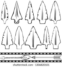 Vector of hand drawn set of ancient arrowheads from wood, stone and iron