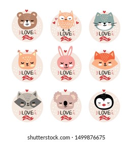 Vector hand drawn set of animal faces. Valentines day illustration. Funny fairy tale, forest animal faces. Sticker, print for cards, posters t-shirts other clothes and more.