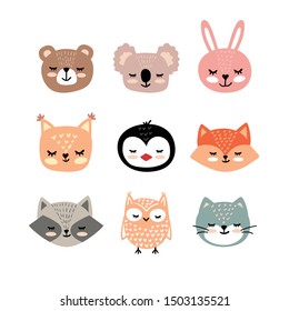 Vector hand drawn set of animal faces. Funny fairy tale, forest animal faces. Sticker, print for cards, posters t-shirts other clothes and more.