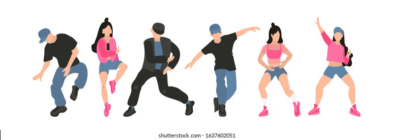 Vector hand drawn set of attractive girls dancing booty dance.Young and handsome guys and girls dancing hip hop in street style. Modern dance flat. Body positive and hobby of people