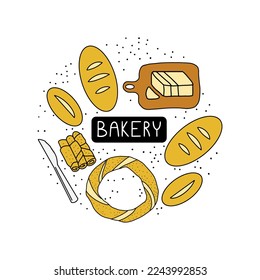 Vector hand drawn set for bakery. Bread, butter, knife and bakery products. 