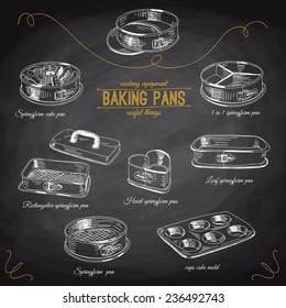 Vector hand drawn set with bakery pans. Vintage illustration. Baking Tools. Retro collection. Chalkboard.