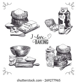 Vector hand drawn set bakery goods. Vintage Illustration with milk, sugar, flour, vanilla, eggs, mixer, baking powder, rolling, whisk, spoon vanilla bean, butter and kitchen dish. 