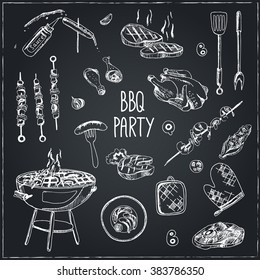 Vector hand drawn set with barbecue tools. Vintage illustration for design menus, recipes and packages product.