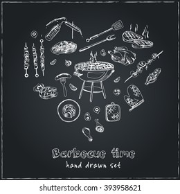 Vector hand drawn set with barbecue tools on black chalkboard. Vintage illustration for design menus, recipes and packages product.