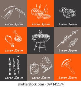 Vector hand drawn set with barbecue tools. Vintage illustration for design menus, recipes and packages product.
