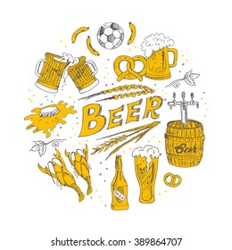 Vector hand drawn set with beer. Vintage illustration for design menus, recipes and packages product.