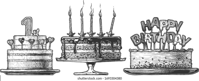 Vector hand drawn set of Birthday Cakes: 1st year cake, cake with burning candles and cake-topper with Happy Birthday message. illustration in vintage engraved style. Isolated on white background.
