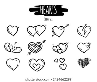 Vector hand drawn set of black on white Valentine's day icons with hearts, broken heart, cupid's arrow and other.