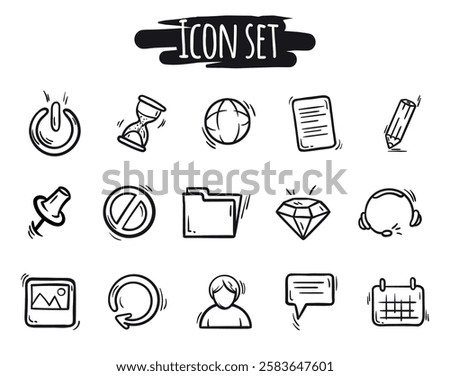 Vector hand drawn set of black and white social icons. Editable signs and symbols for website design, social networks