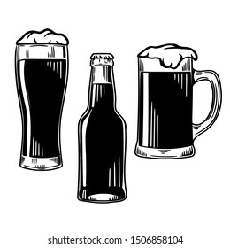 Vector hand drawn set of bottle and  glasses of beers isolated on white background.