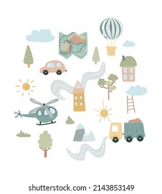 Vector hand drawn set for boys. Cartoon helicopter, cars, truck. Illustrations for children's posters, postcards, textiles.

