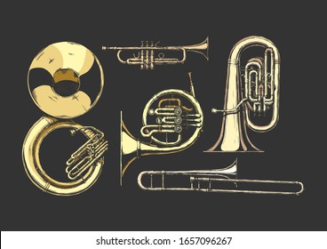 Vector Hand Drawn Set Of Brass Musical Instruments. Sousaphone, Trumpet, French Horn, Tuba And Trombone. Isolated On Black Background.  