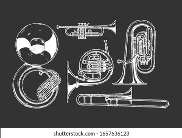 Vector hand drawn set of brass musical instruments. Sousaphone, trumpet, french horn, tuba and trombone. isolated on black background.  