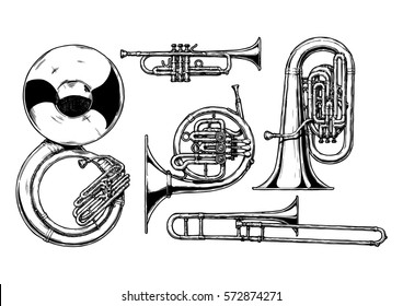 Vector hand drawn set of brass musical instruments. Sousaphone, trumpet, french horn, tuba and trombone.