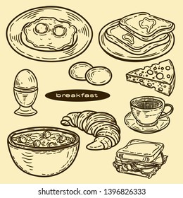 Vector hand drawn set for breakfast. Eggs, toasts, cheese, coffee, croissant, sandwich and porridge in the engraving vintage style.