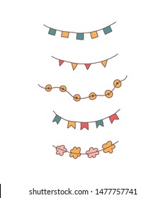 Vector hand drawn set of buntings, garlands, fairy lights. Doodle illustration for posters,  postcards, decoration. 